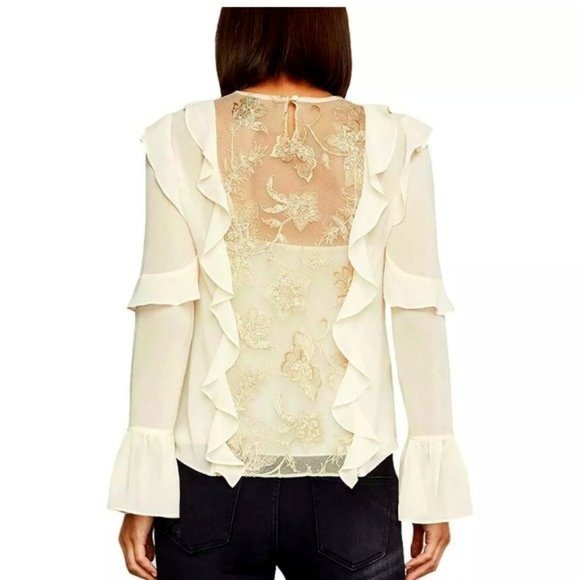 New* BCBG MAXAZRIA Floral Embroidered Ruffle Top Cream/Gold Color Size XS $228 - Picture 2 of 7